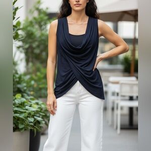 Strazzi small navy blue sleeveless long top with cowl neck & overlapped bottom